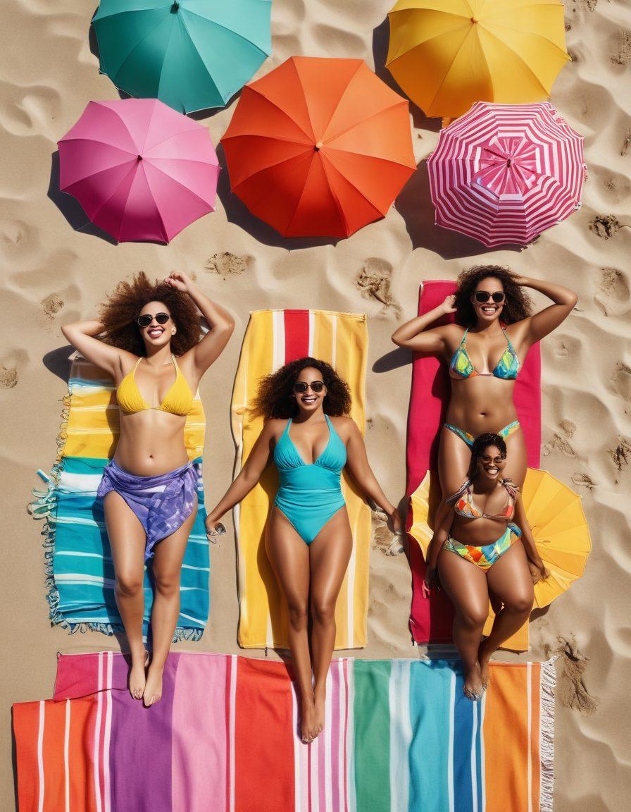 A diverse group of confident individuals in stylish swimwear enjoying a sunny beach day, showcasing various body types and confident expressions. The scene includes vibrant beach umbrellas, colorful beach towels, and splashing waves in the background. A sense of freedom and joy radiates from their poses as they embrace body positivity. Bright eye-catching colors with a playful atmosphere. super-realistic. vibrant colors. sunny beach backdrop.