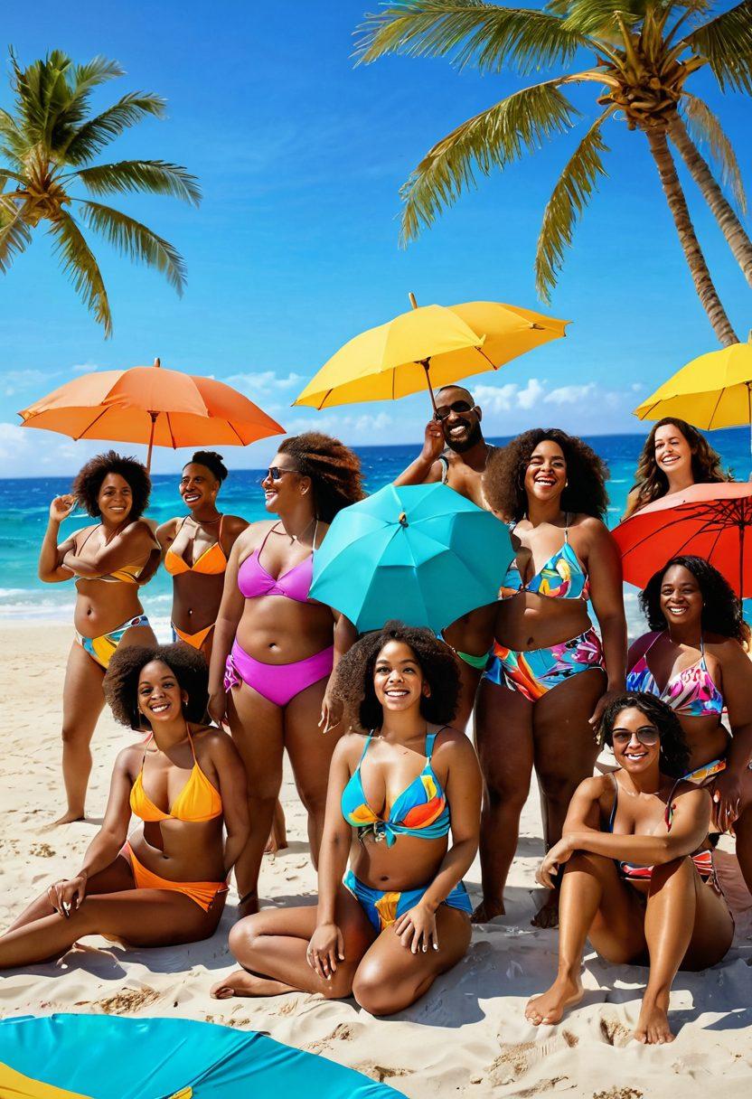 A vibrant beach scene featuring diverse individuals of all shapes and sizes confidently wearing colorful swimwear, laughing and enjoying the sun. The background showcases a stunning ocean view with soft waves, beach umbrellas, and palm trees swaying gently. The atmosphere radiates joy, self-expression, and body positivity, with everyone embracing their unique beach bodies. Bright and cheerful colors dominate the scene. super-realistic. vibrant colors. 3D.